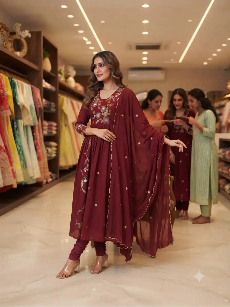 Graceful Maroon Mul Chanderi Silk Thread Work Salwar Suit - Image 4