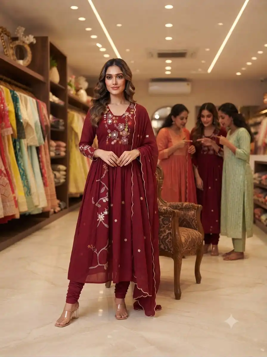 Graceful Maroon Mul Chanderi Silk Thread Work Salwar Suit - Image 3