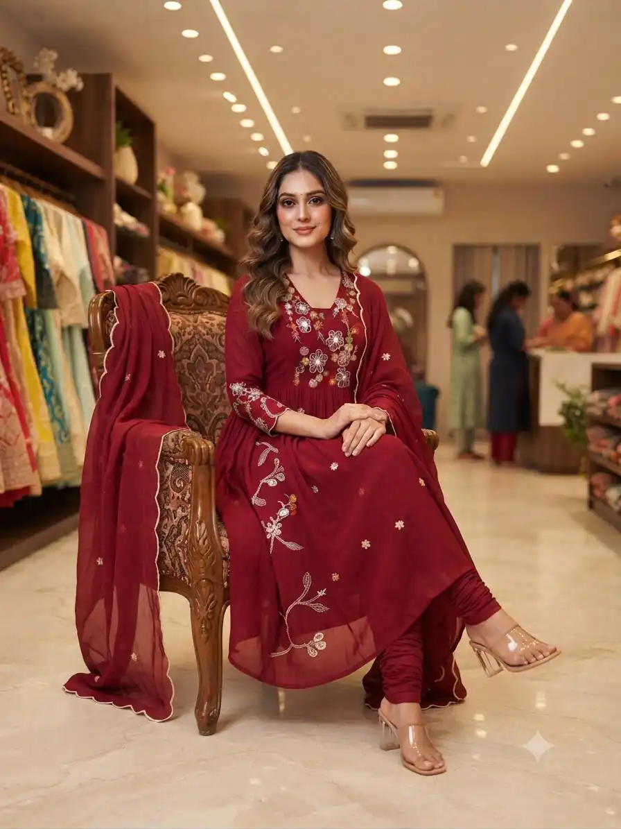 Graceful Maroon Mul Chanderi Silk Thread Work Salwar Suit - Image 2