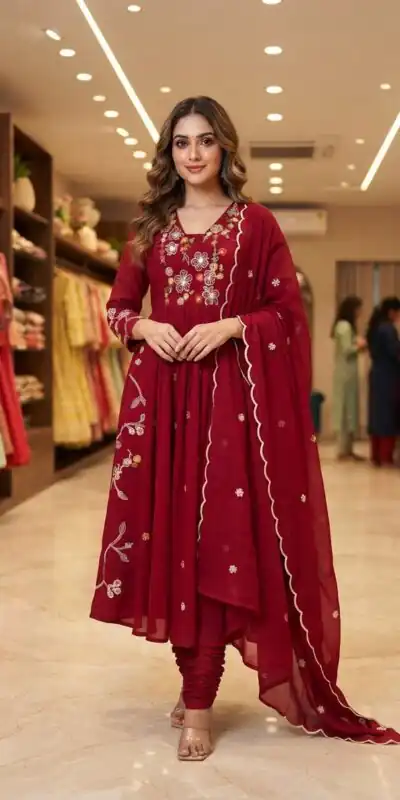 Graceful Maroon Mul Chanderi Silk Thread Work Salwar Suit