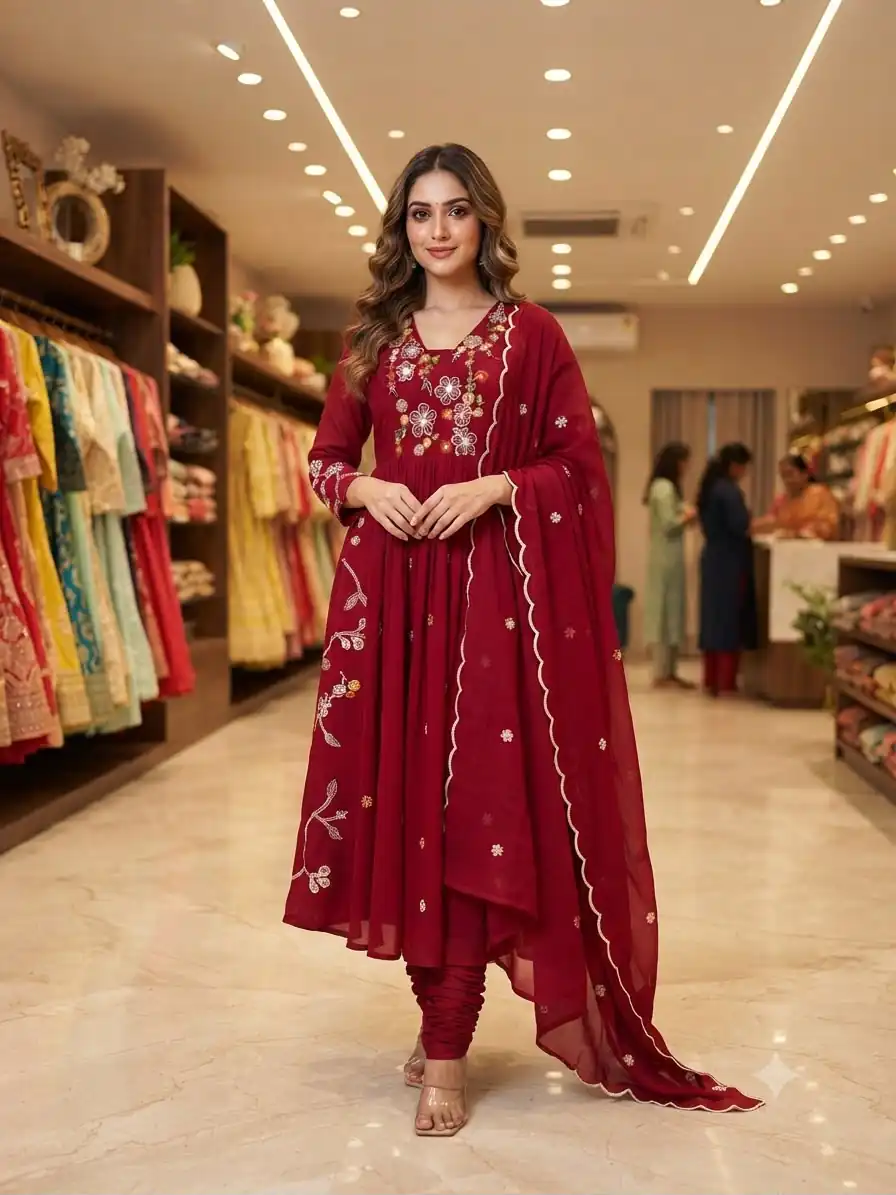 Graceful Maroon Mul Chanderi Silk Thread Work Salwar Suit