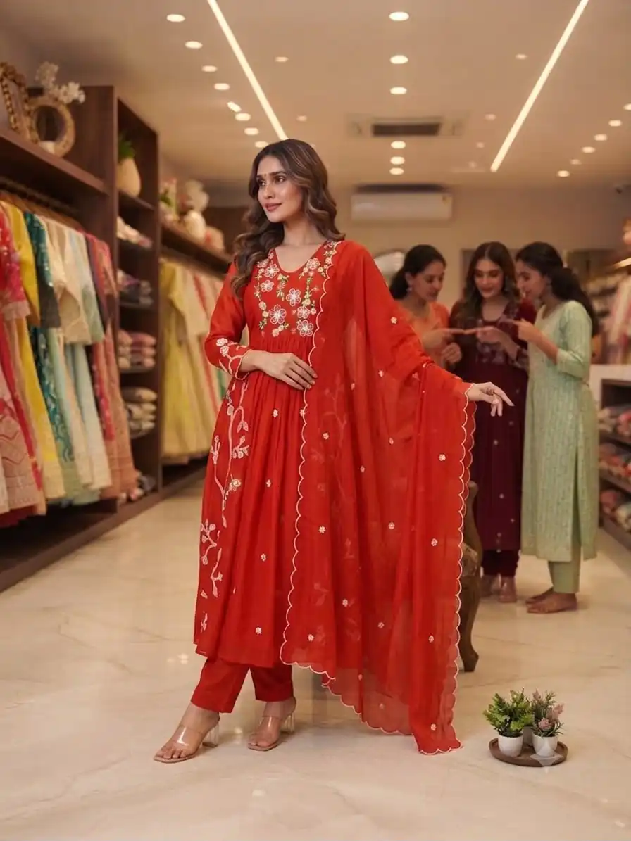 Graceful Red Mul Chanderi Silk Thread Work Salwar Suit - Image 4
