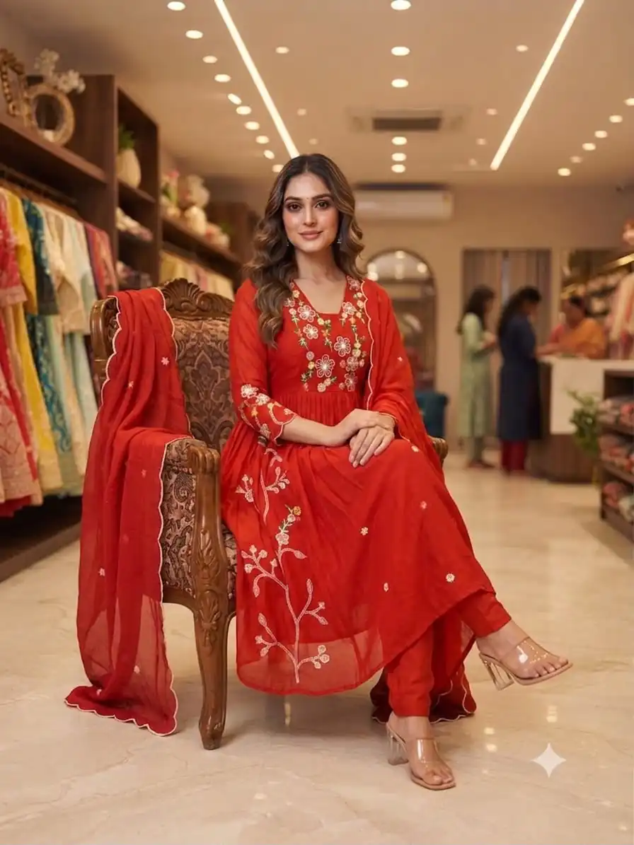 Graceful Red Mul Chanderi Silk Thread Work Salwar Suit - Image 2