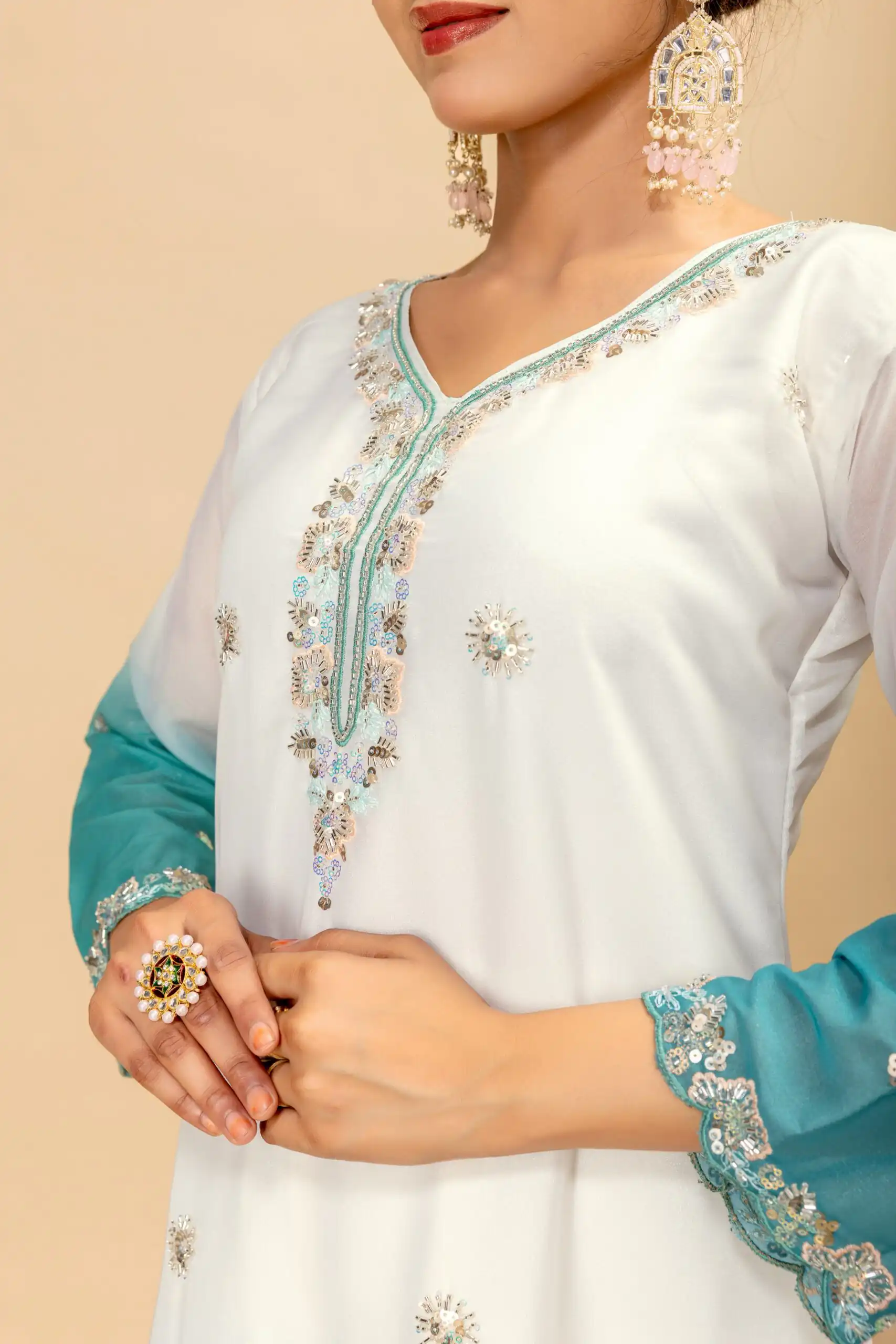 Grand Firozi Star Georgette Beads Work Salwar Suit - Image 3