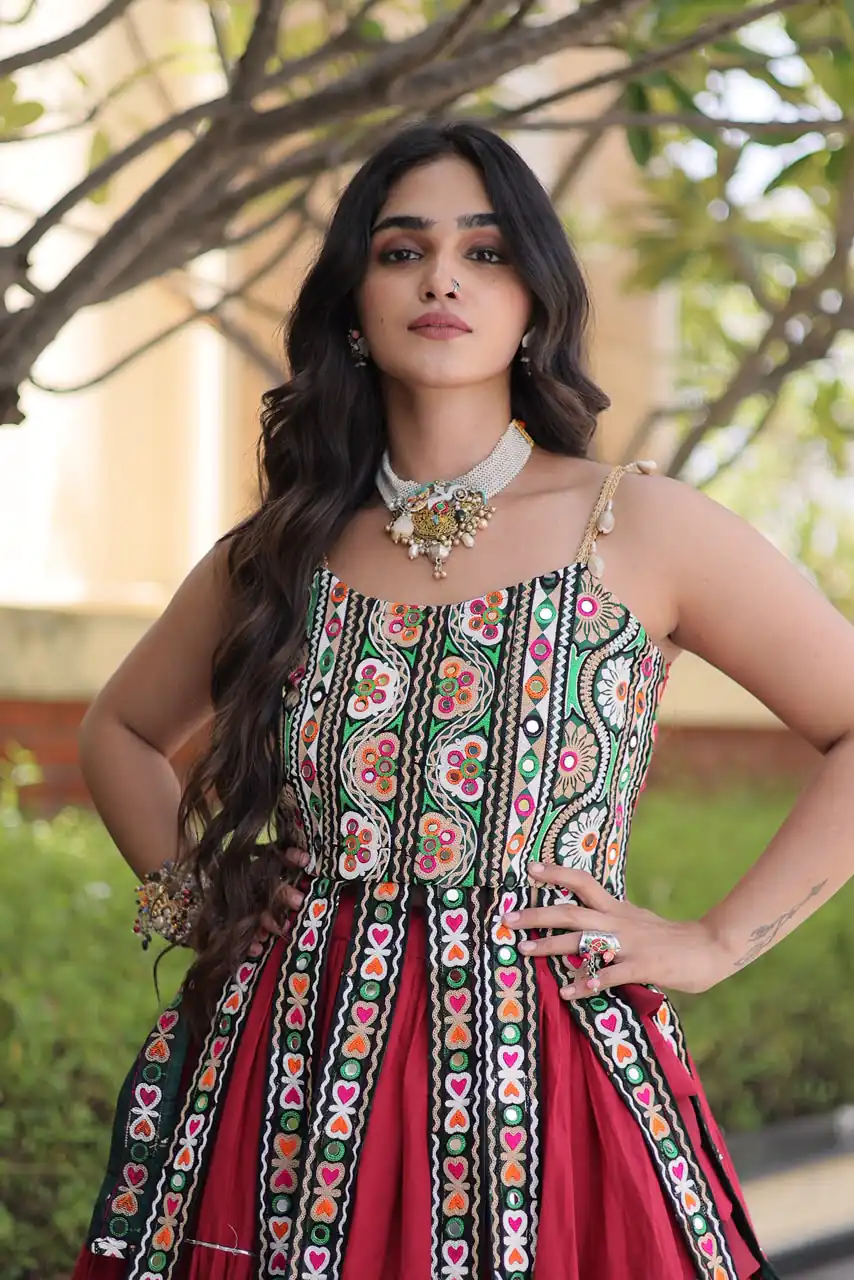 Grand Red Kora Cotton Kutchi Patch Work Lehenga Choli - Image 2