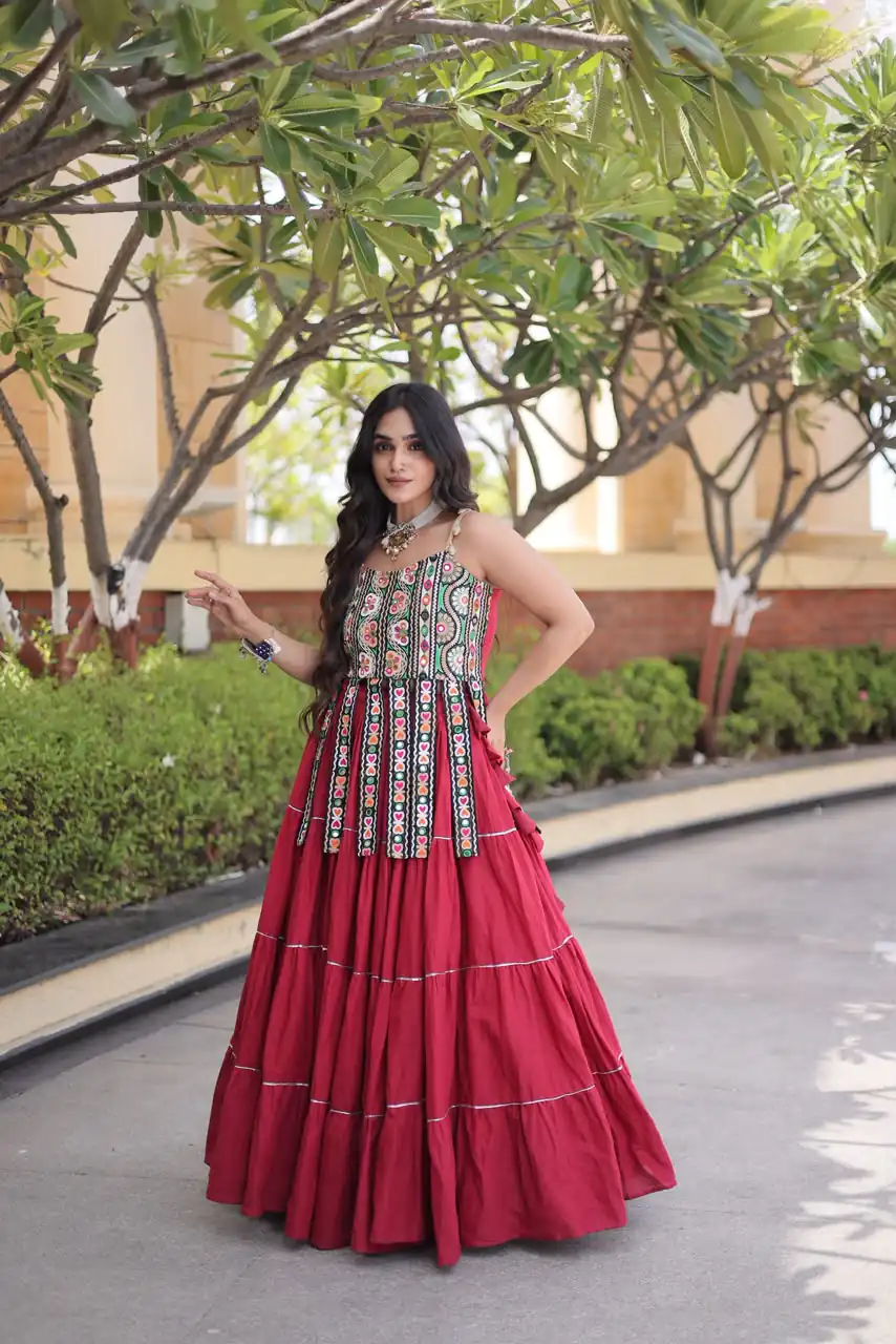 Grand Red Kora Cotton Kutchi Patch Work Lehenga Choli
