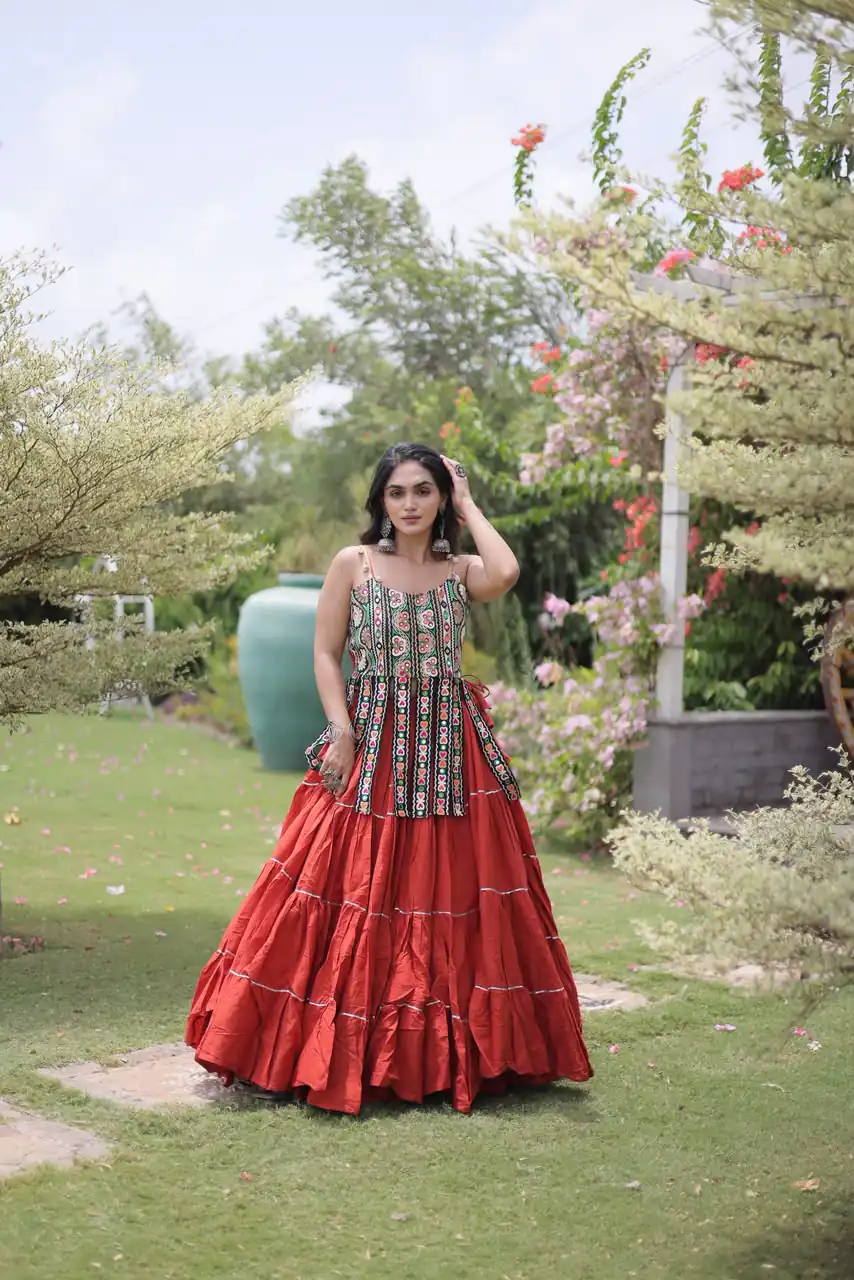 Grand Rust Kora Cotton Kutchi Patch Work Lehenga Choli - Image 4