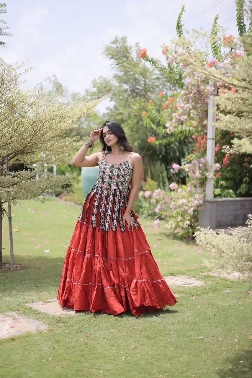 Grand Rust Kora Cotton Kutchi Patch Work Lehenga Choli - Image 3