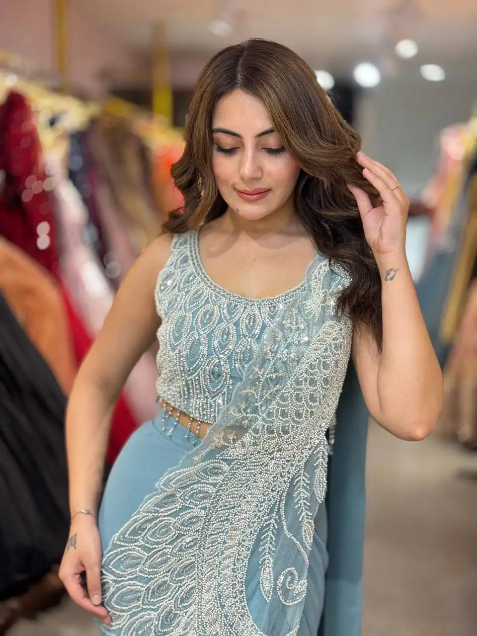 Grand Sky Blue Soft Rangoli Silk Embroider Work Saree - Image 4