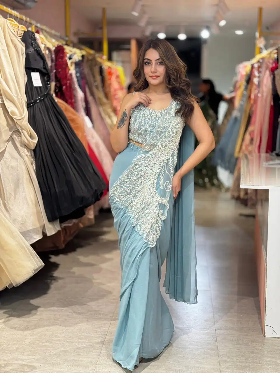 Grand Sky Blue Soft Rangoli Silk Embroider Work Saree - Image 3
