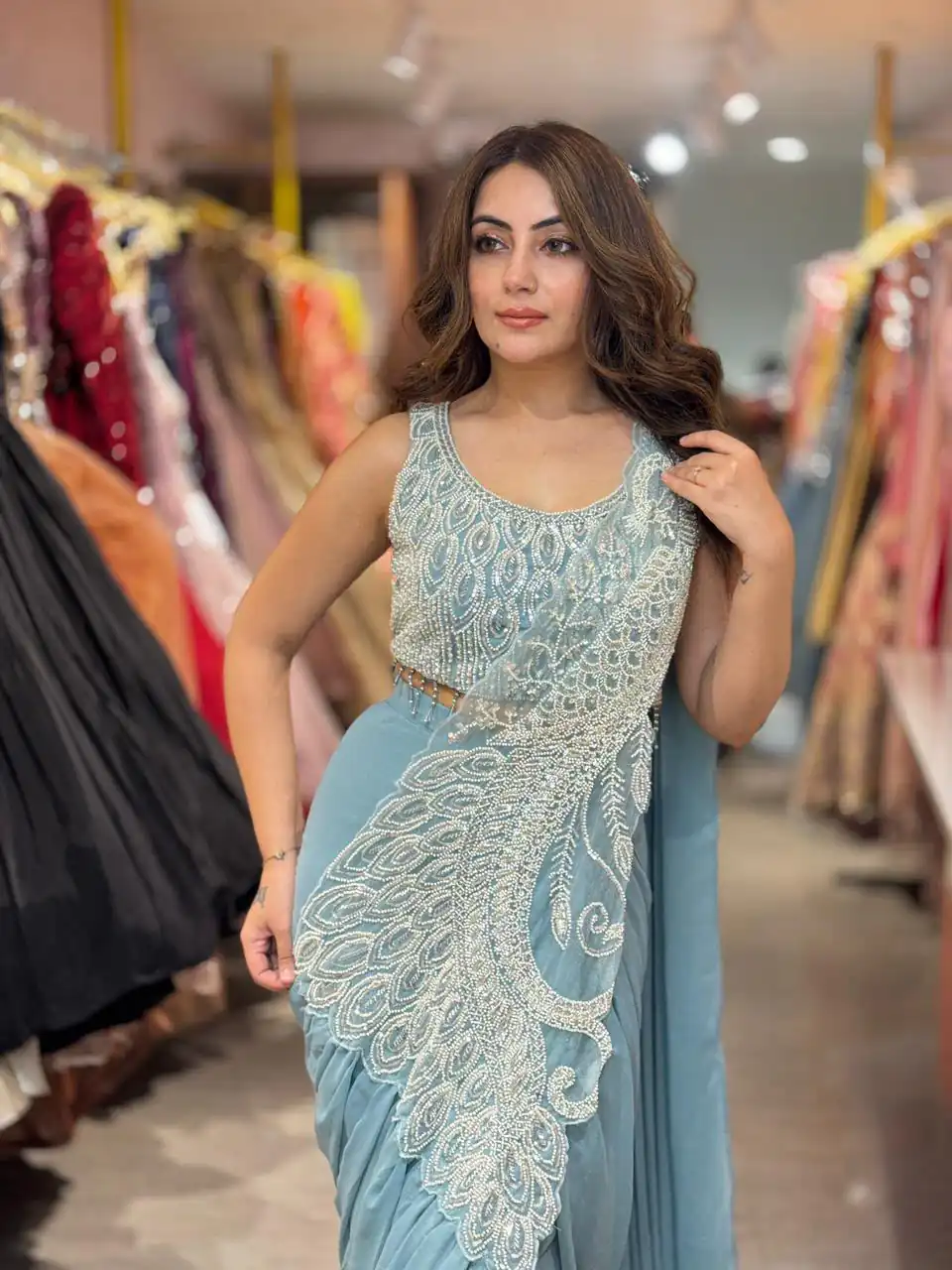 Grand Sky Blue Soft Rangoli Silk Embroider Work Saree - Image 2