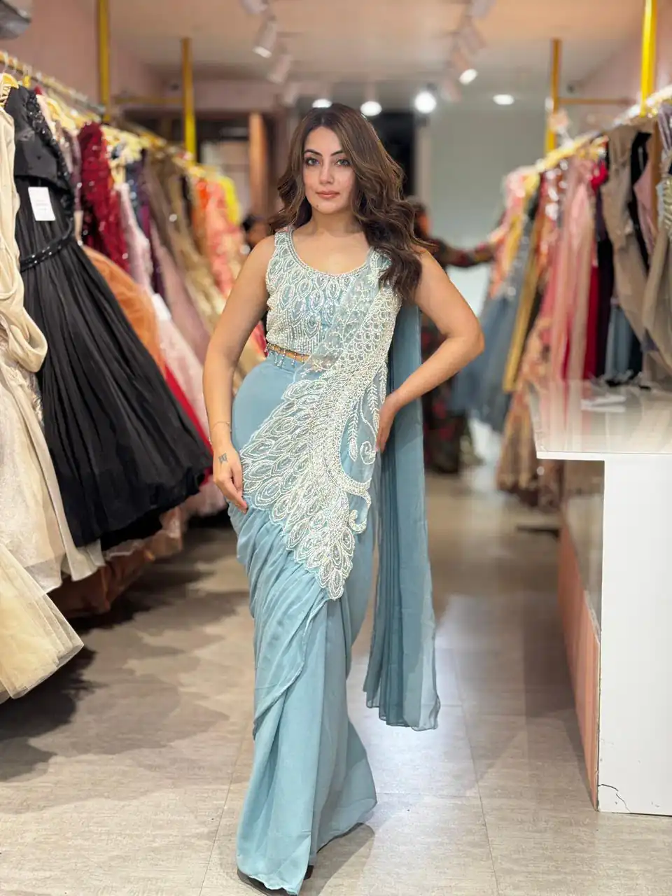 Grand Sky Blue Soft Rangoli Silk Embroider Work Saree
