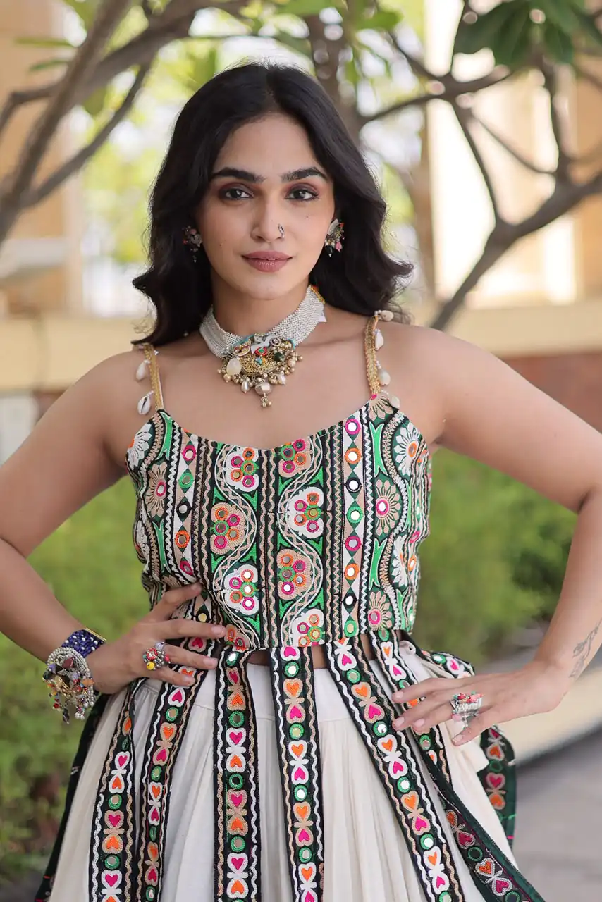Grand White Kora Cotton Kutchi Patch Work Lehenga Choli - Image 2