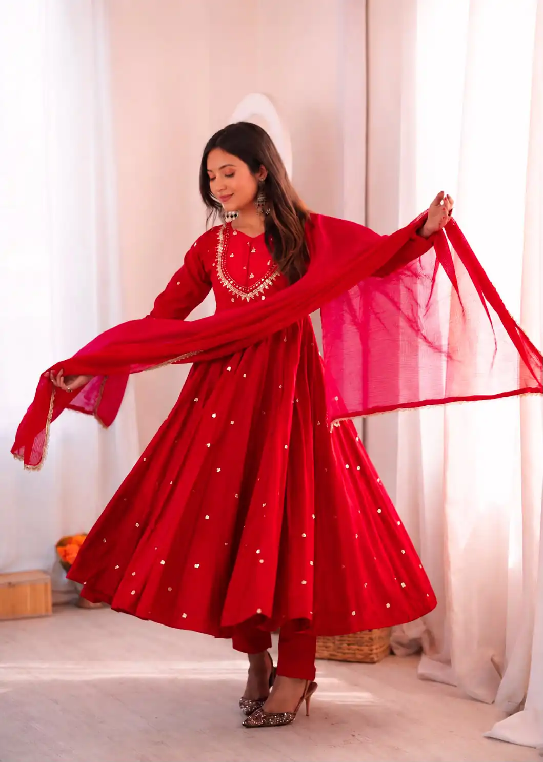 Lovely Red Roman Silk Mirror Embroidery Work Gown - Image 6