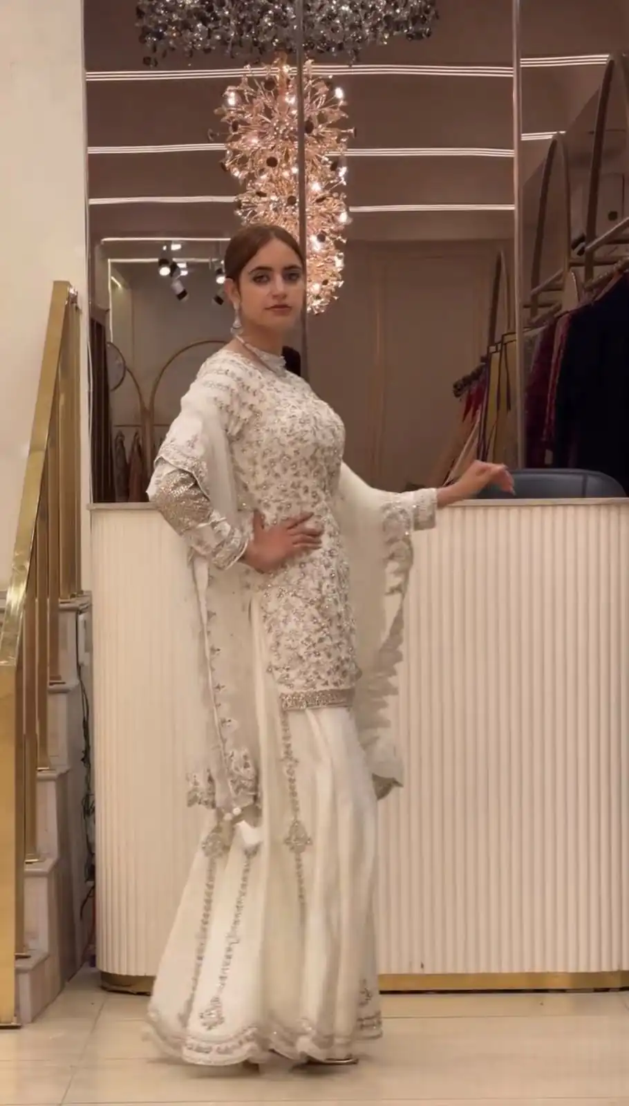Magical White Faux Georgette Hand Work Salwar Suit - Image 4