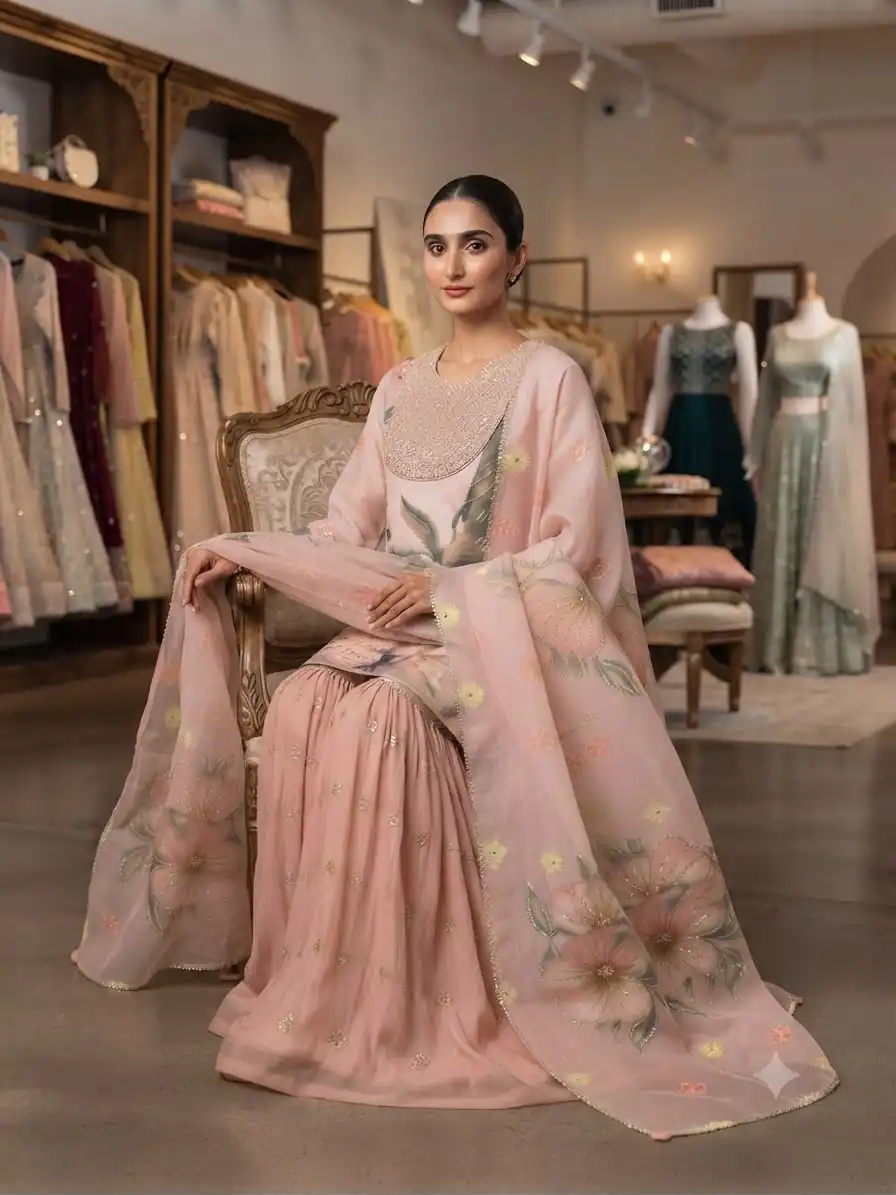 Nice Peach Printed Soft Organza Embroider Work Salwar Suit - Image 4