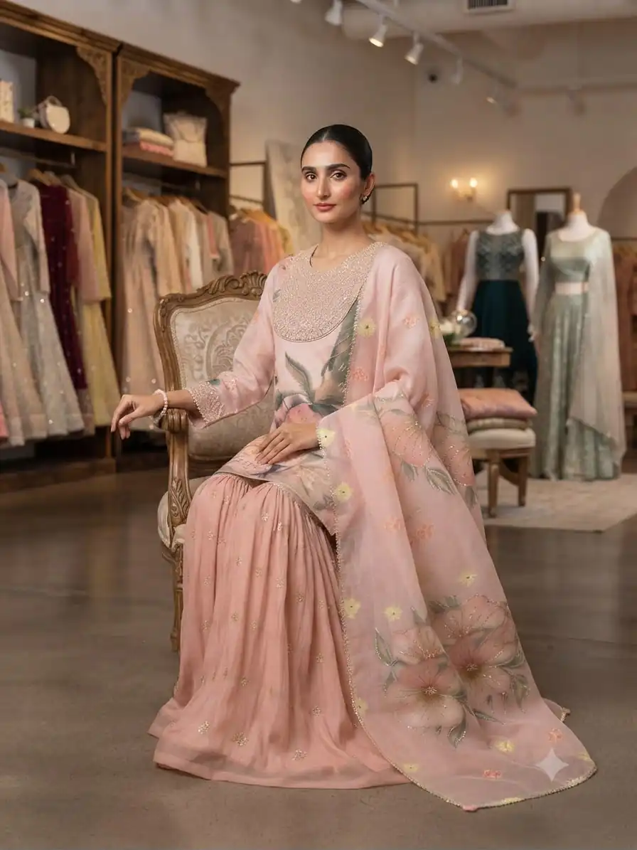Nice Peach Printed Soft Organza Embroider Work Salwar Suit - Image 2