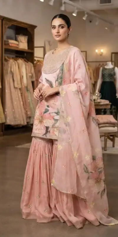 Nice Peach Printed Soft Organza Embroider Work Salwar Suit