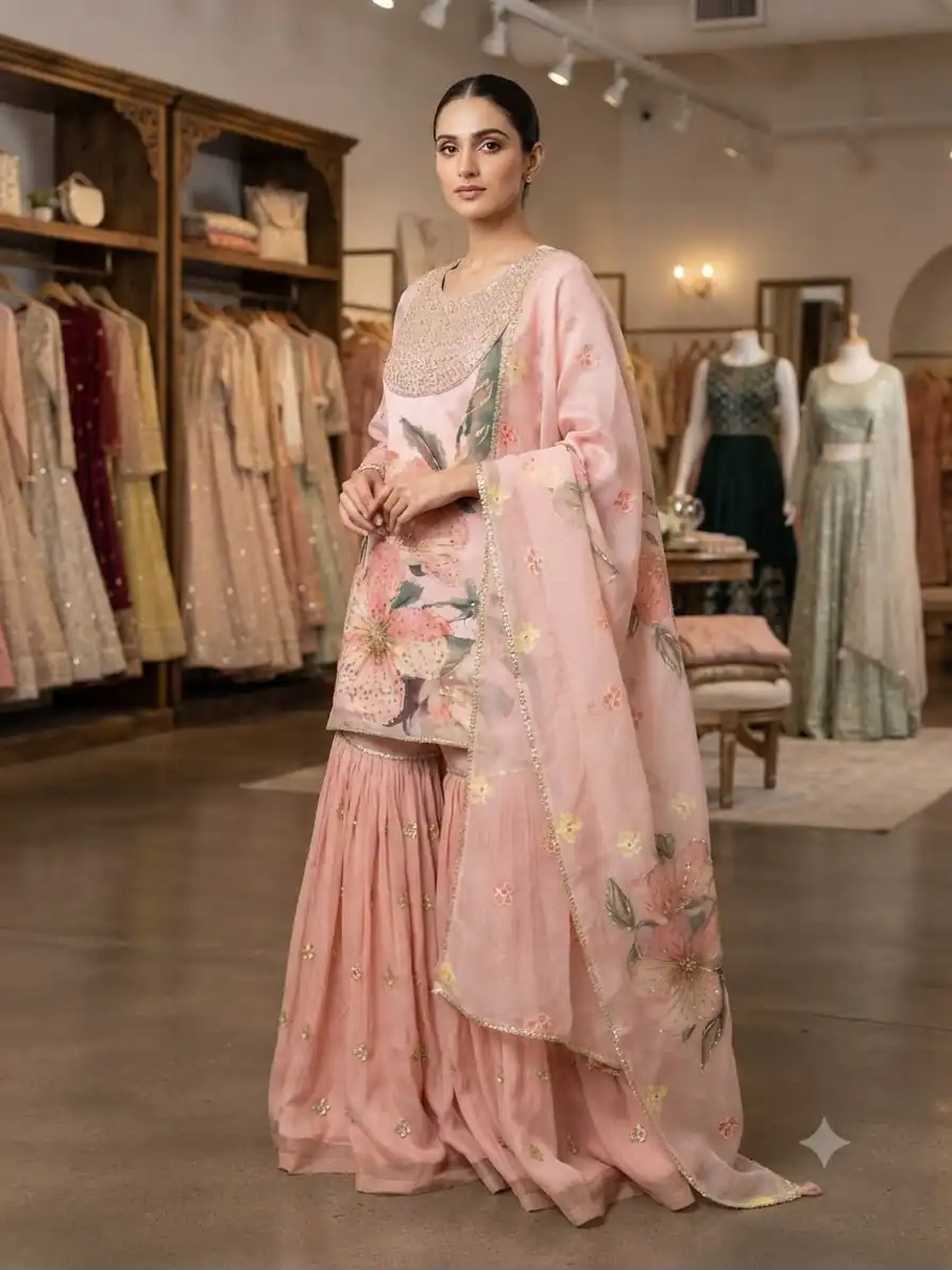 Nice Peach Printed Soft Organza Embroider Work Salwar Suit