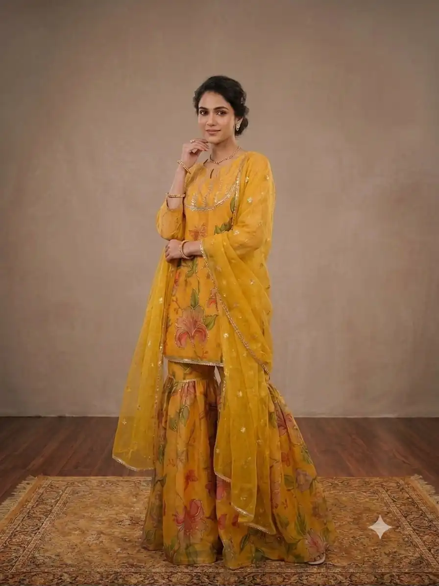 Nice Yellow Soft Organza Embroidery Work Salwar Suit - Image 3