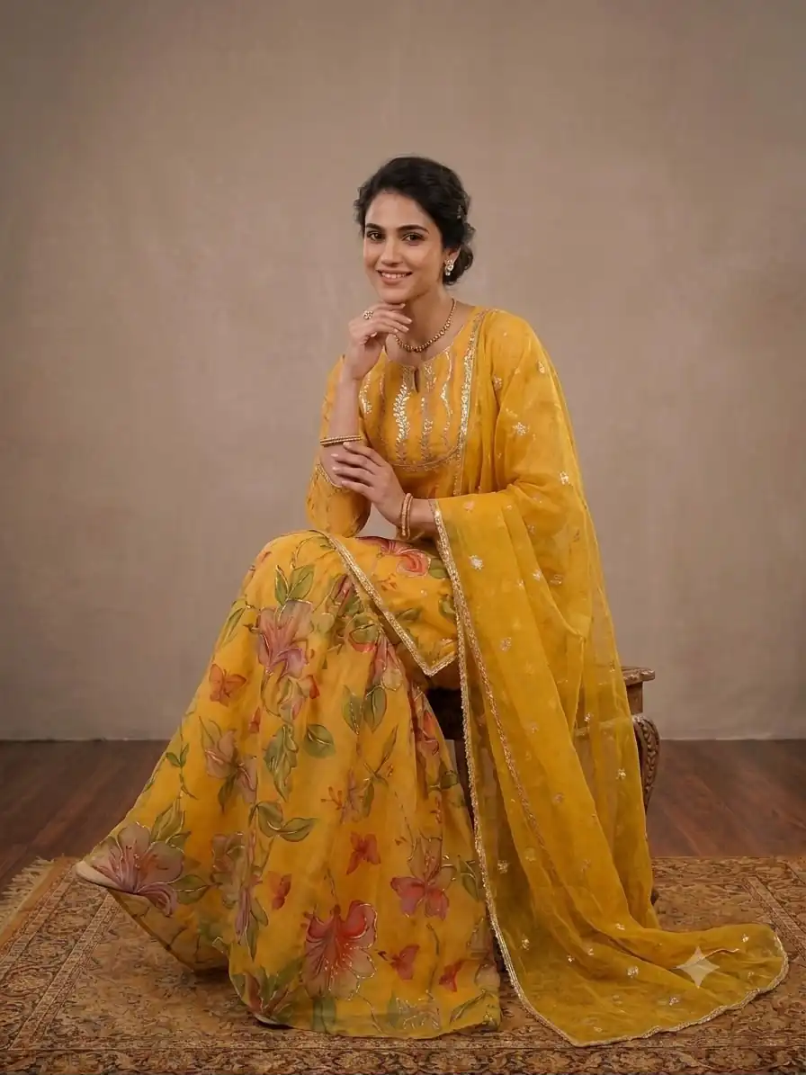 Nice Yellow Soft Organza Embroidery Work Salwar Suit - Image 2