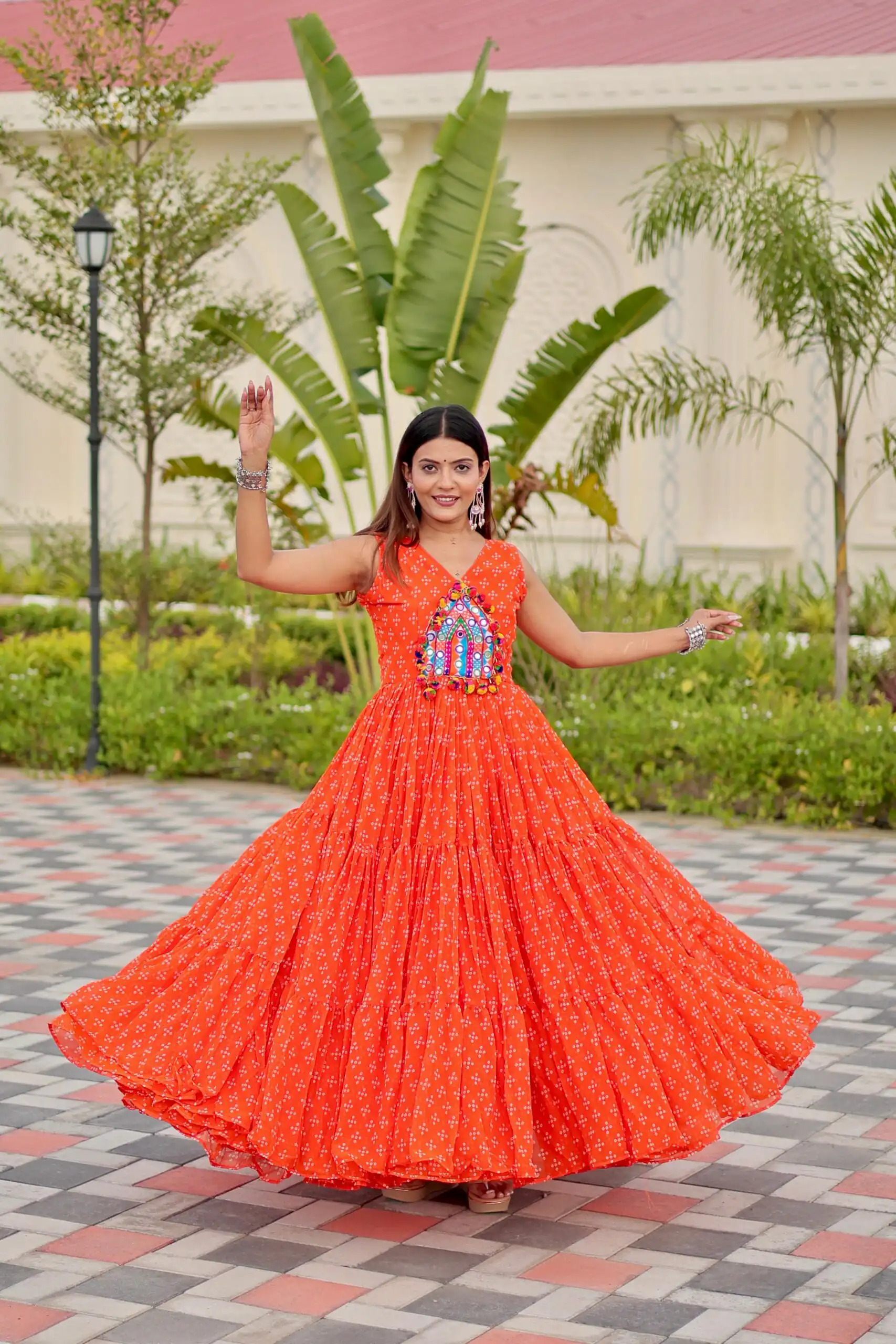 Perfect Orange Faux Georgette Thread Work Gown