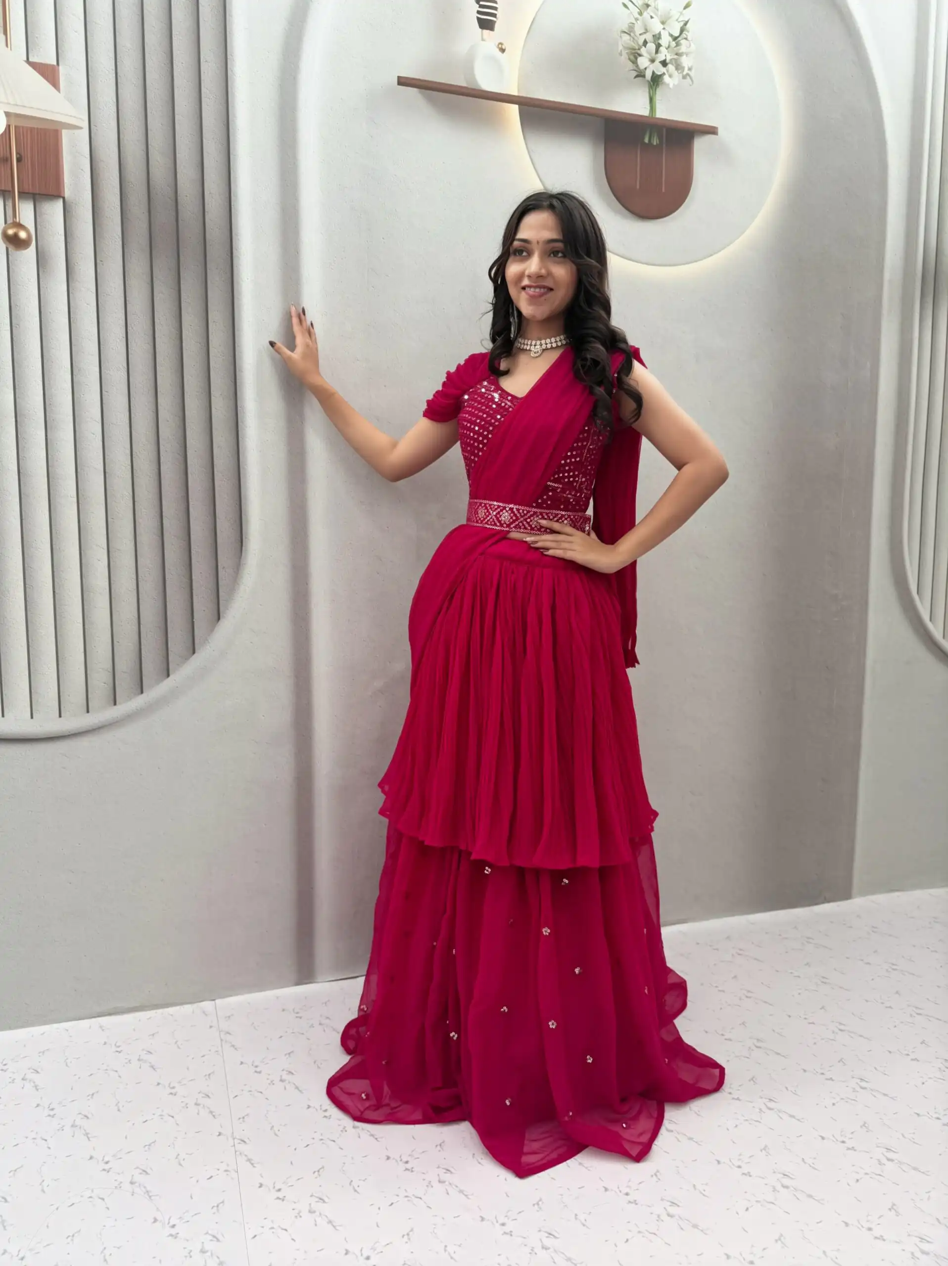 Perfect Pink Faux Georgette Thread Work Lehenga Choli - Image 3