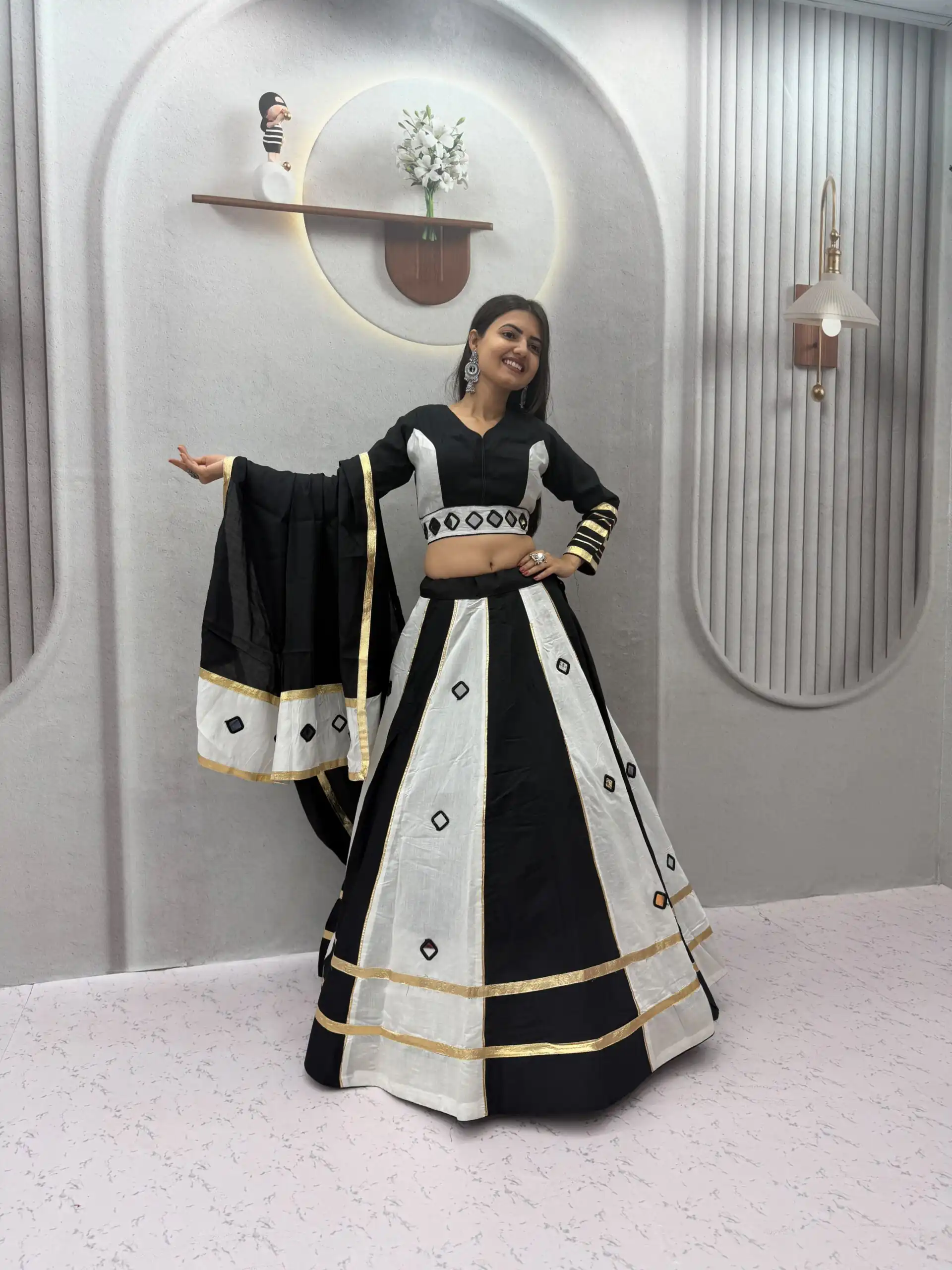 Perfect White Roman Silk Mirror Work Lehenga Choli - Image 2