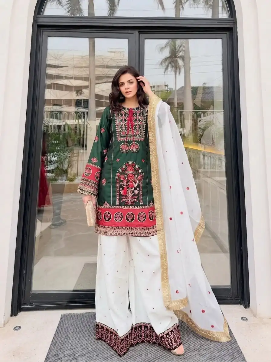Pretty Green Natural Silk Embroider Work Salwar Suit - Image 2