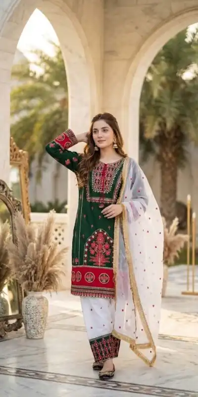 Pretty Green Natural Silk Embroider Work Salwar Suit