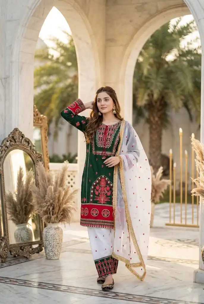 Pretty Green Natural Silk Embroider Work Salwar Suit
