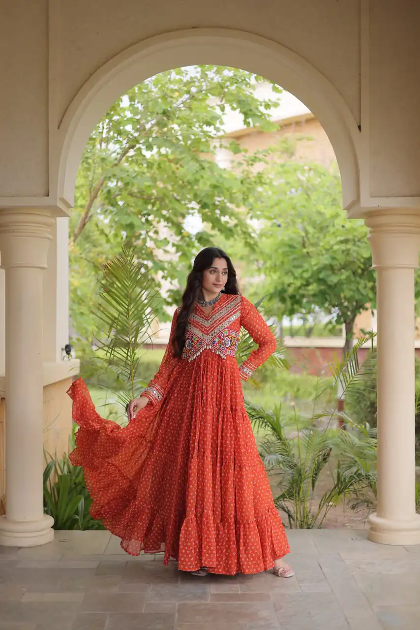 Pretty Orange Faux Georgette Bandhani Print Work Gown - Image 3