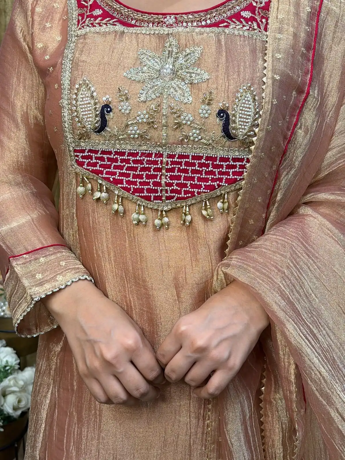 Pretty Peach Salsa Silk Embroidery Work Salwar Suit - Image 4
