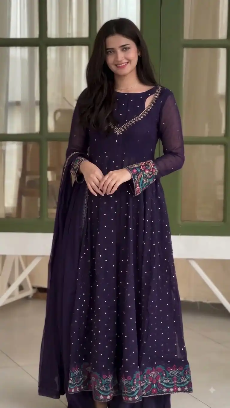 Pretty Purple Faux Georgette Embroider Work Salwar Suit - Image 6