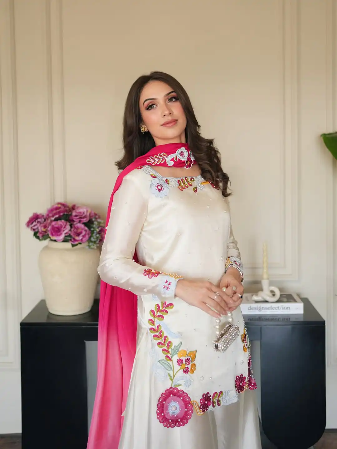 Pretty White Roman Glass Embroidery Work Salwar Suit - Image 3