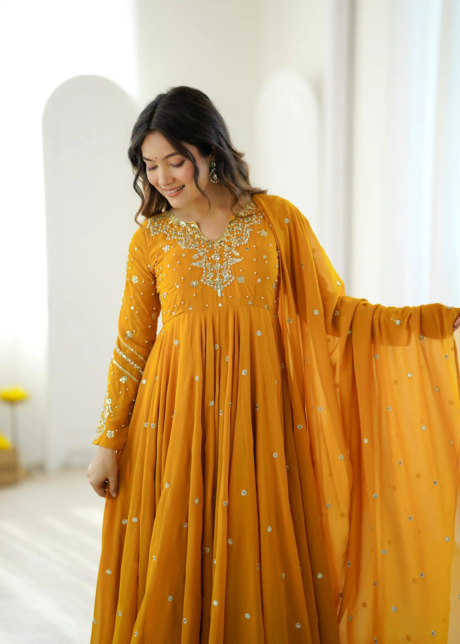 Pretty Yellow Faux Georgette Embroider Work Salwar Suit - Image 9