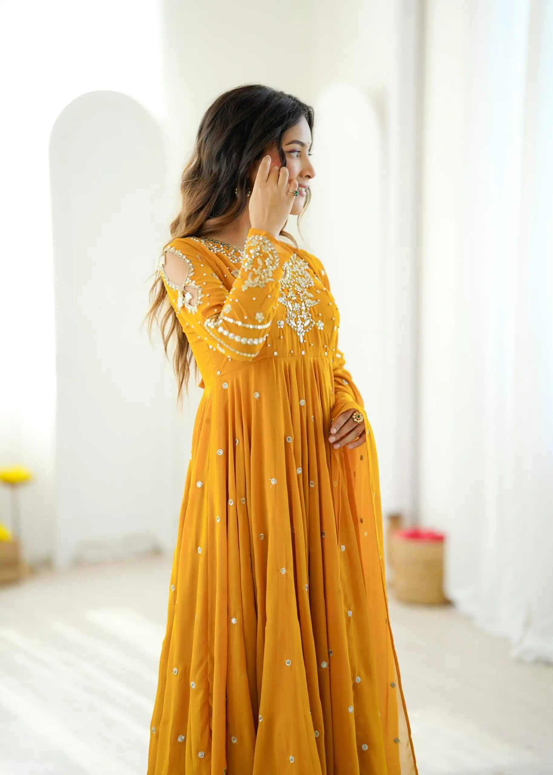 Pretty Yellow Faux Georgette Embroider Work Salwar Suit - Image 7