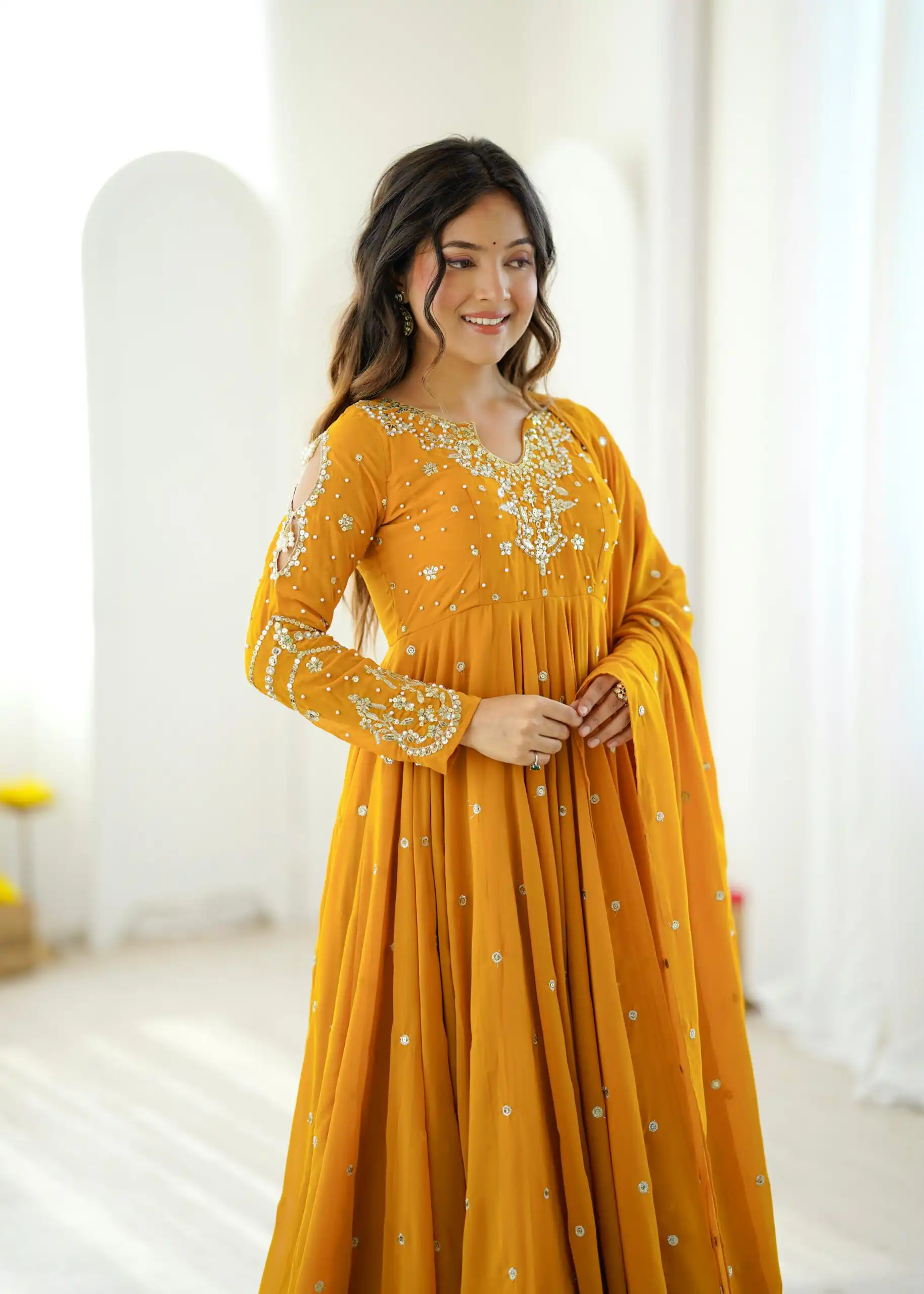 Pretty Yellow Faux Georgette Embroider Work Salwar Suit - Image 12