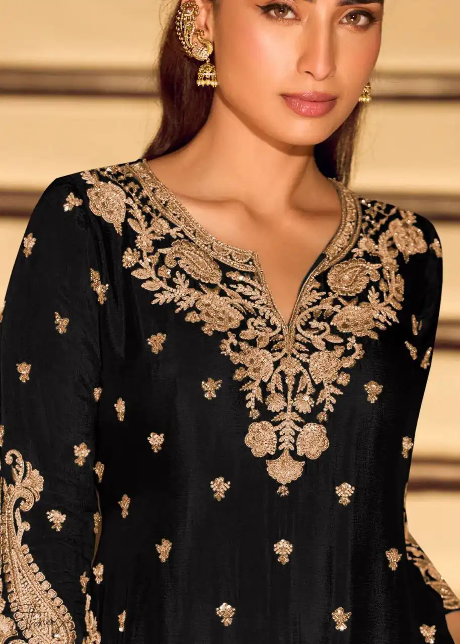 Shiny Black Chinon Silk Sequence Work Salwar Suit - Image 5