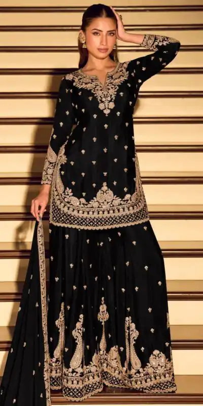 Shiny Black Chinon Silk Sequence Work Salwar Suit
