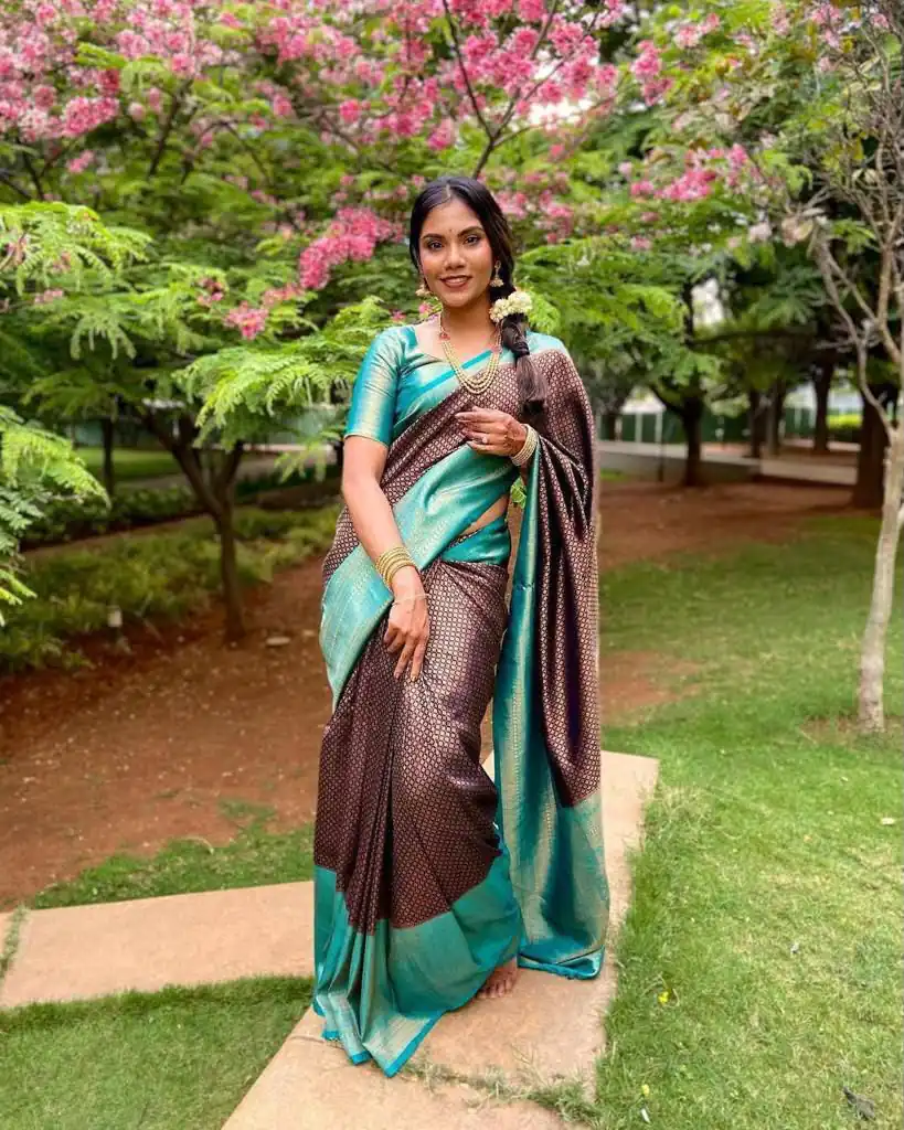 Shiny Brown Lichi Silk Jacquard Border Work Saree