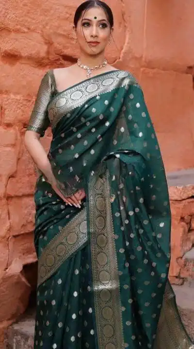 Alternative view of Shiny Green Soft Lichi Silk Jacquard Lace Work Saree