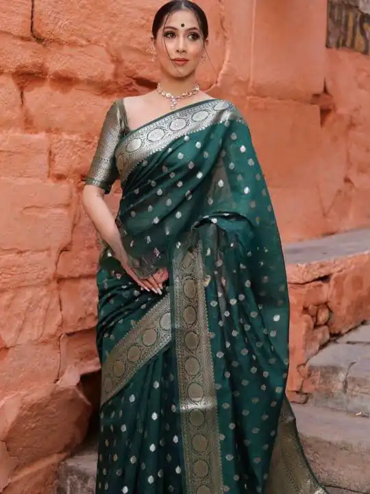 Shiny Green Soft Lichi Silk Jacquard Lace Work Saree - Image 2
