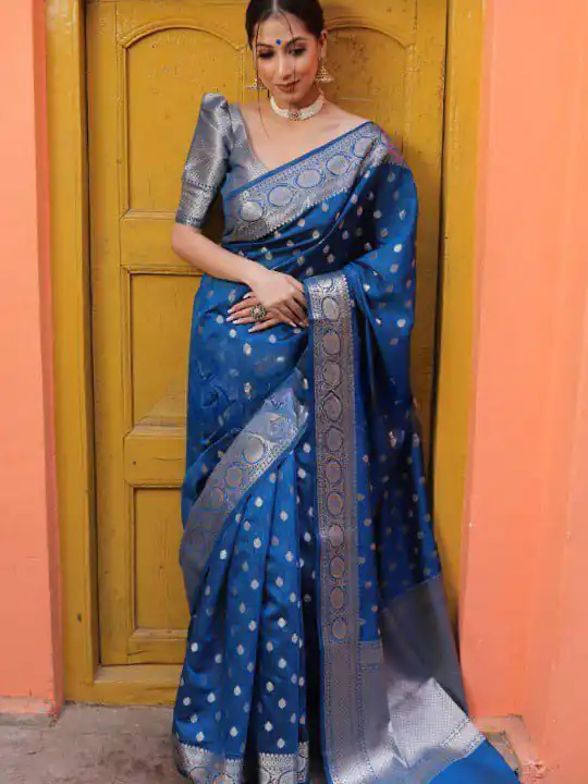 Shiny Navy Blue Soft Lichi Silk Jacquard Lace Work Saree