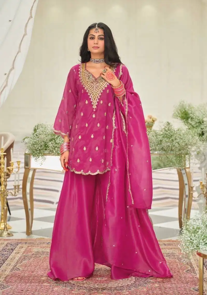 Shiny Pink Natural Silk Embroider Work Salwar Suit - Image 2