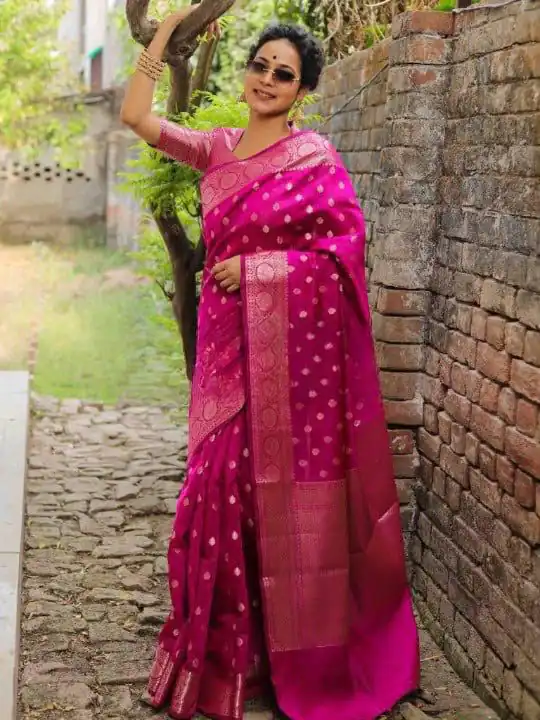 Shiny Pink Soft Lichi Silk Jacquard Lace Work Saree