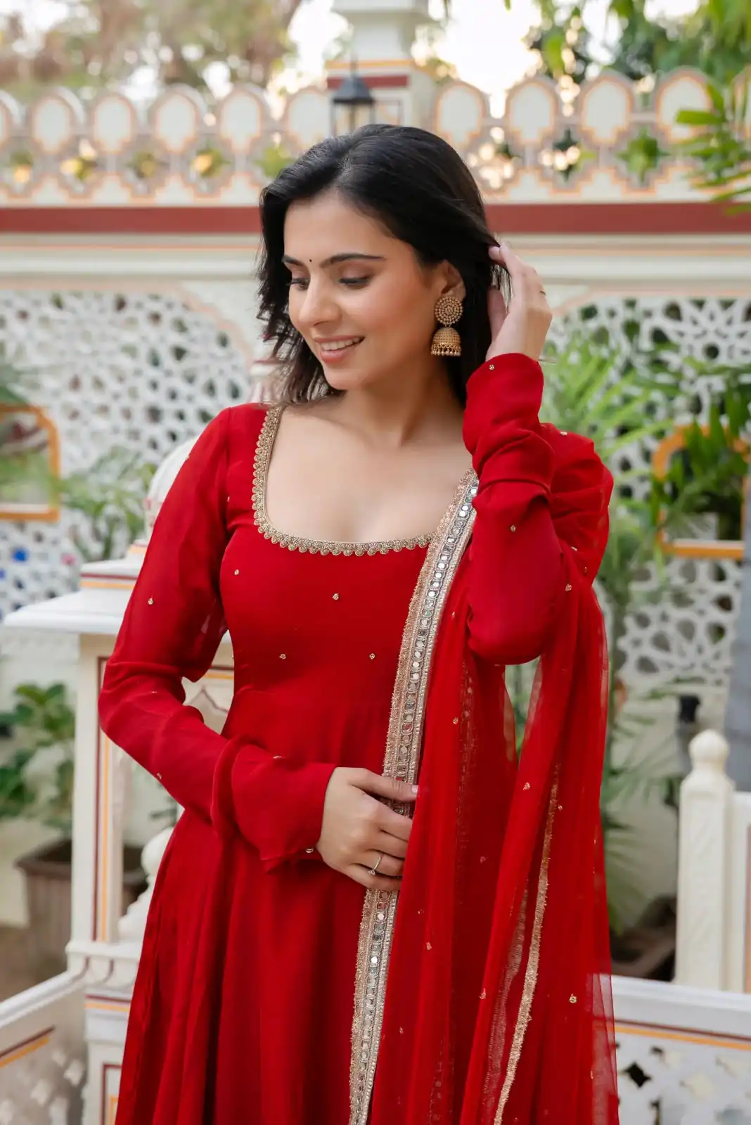 Shiny Red Faux Georgette Hand Work Anarkali Suit - Image 5