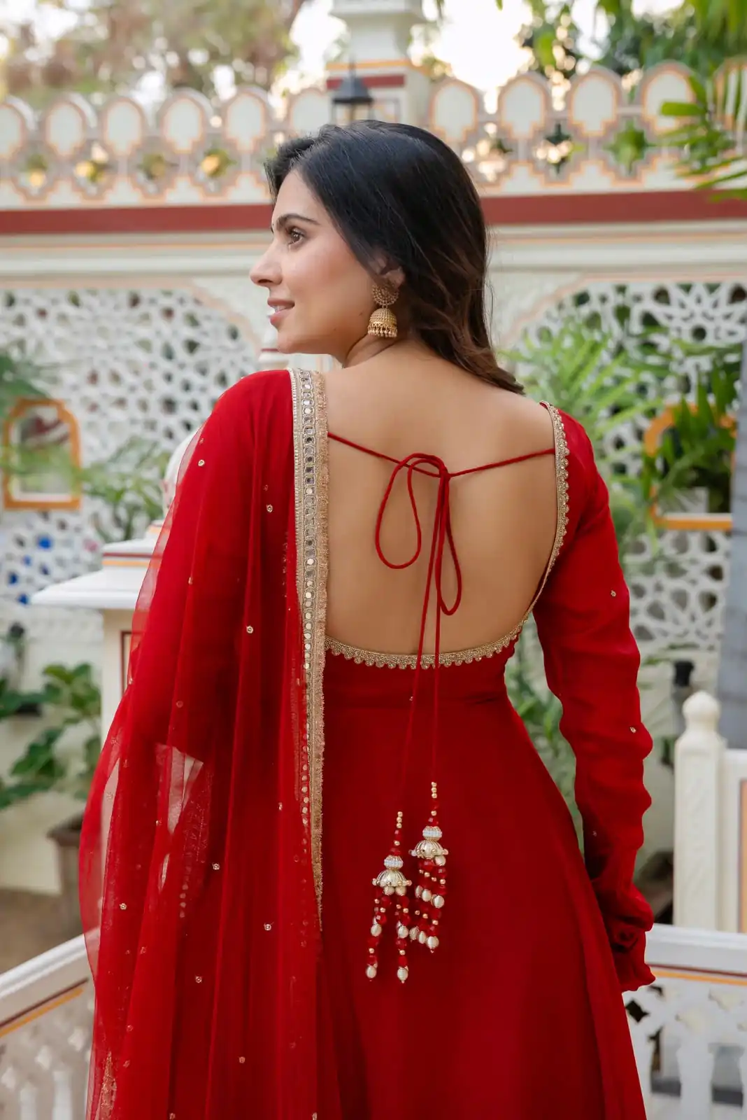 Shiny Red Faux Georgette Hand Work Anarkali Suit - Image 4