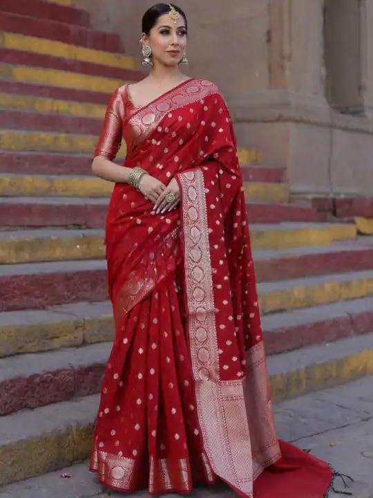 Shiny Red Soft Lichi Silk Jacquard Lace Work Saree