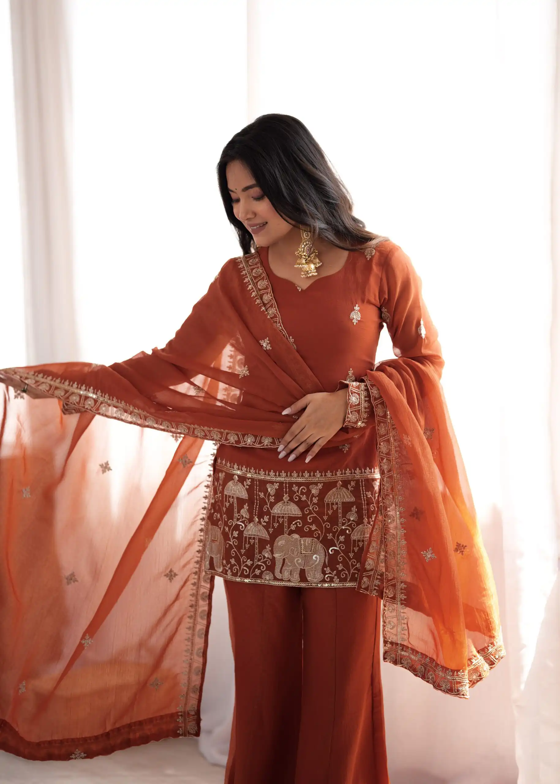 Shiny Rust Crunchy Silk Embroider Salwar Suit - Image 6